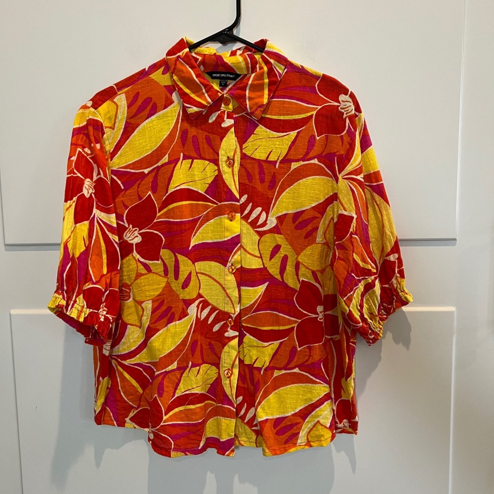 Unique Spectrum Floral Print Cotton Top Red Yellow‎ Tropical Blouse Womens L